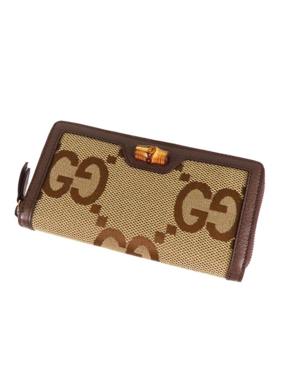 Gucci Bamboo Diana Jumbo GG Wallet Brown Beige Leather Canvas